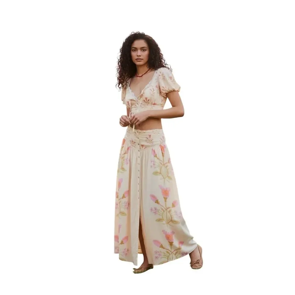 Free People Easy to Love 2 Piece Multicolor Floral Maxi Skirt Set Size L - NWT - Picture 1 of 8